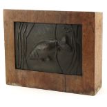 Mid century style wooden block inset with a bronzed plaque of a fish amongst aquatic life, 22cm H