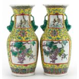Pair of Chinese porcelain yellow ground vases with twin handles hand painted with panels of birds