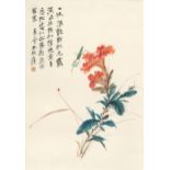Flowers and insects, Chinese ink and watercolour scroll with calligraphy and red seal mark, 62cm x