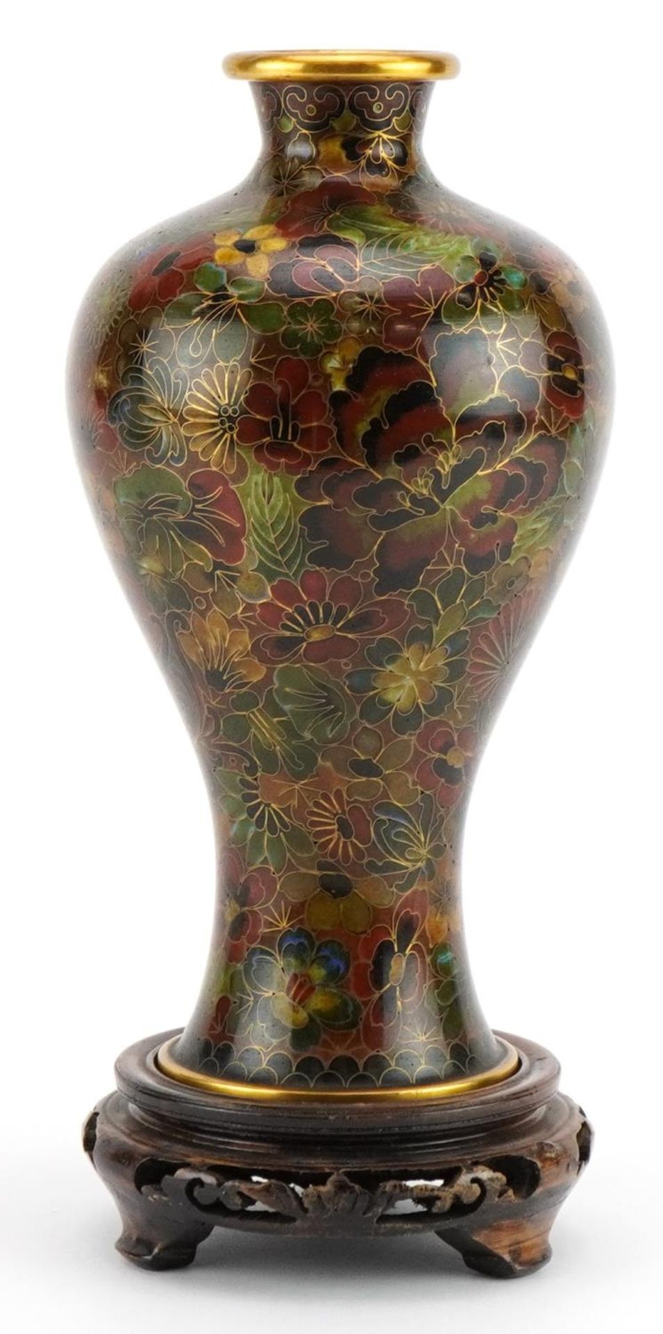 Chinese cloisonne baluster vase on hardwood stand enamelled with flowers, overall 24cm high For