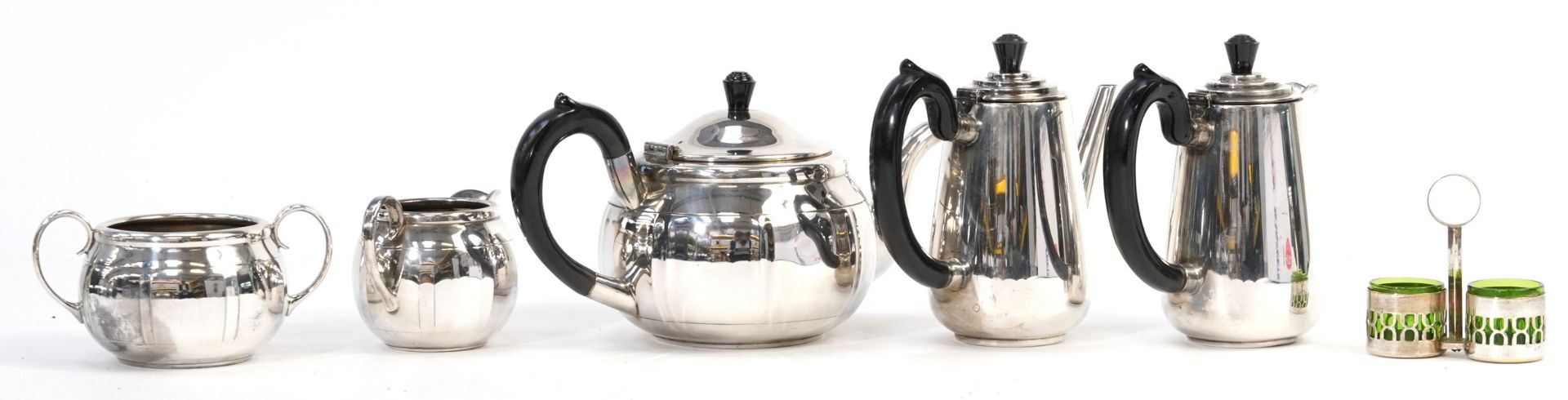 Silver plated items including a Modernist three piece tea set and matching water pot and coffee - Image 2 of 11