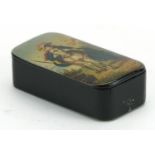 Victorian papier mache snuff box having a hinged lid, hand painted with a female wearing a riding