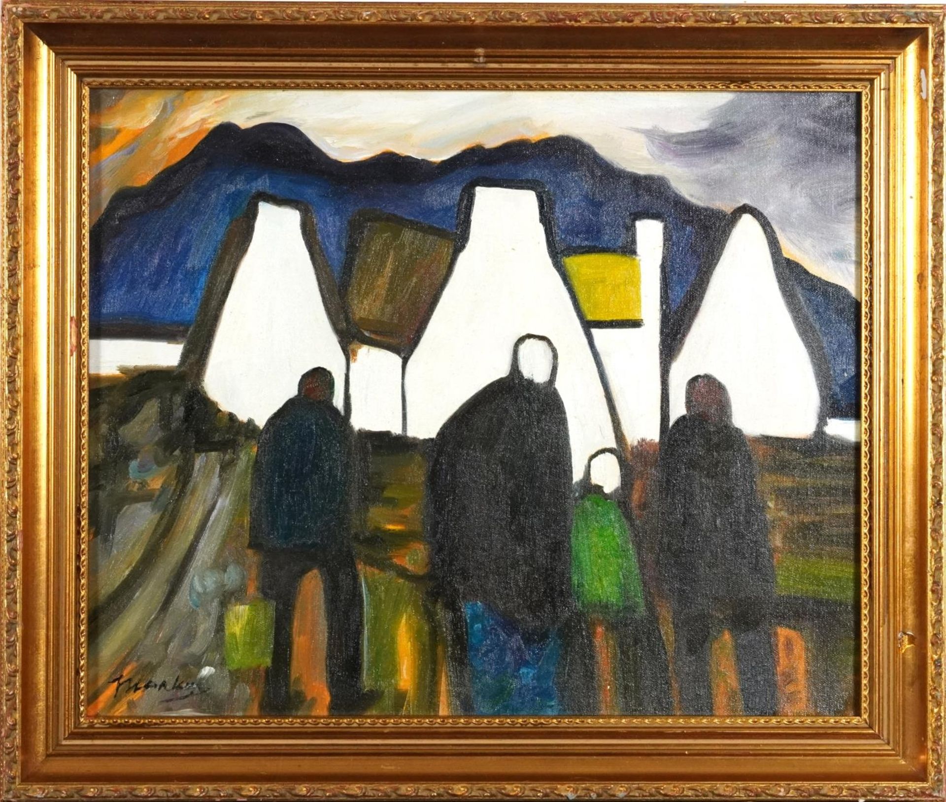 Manner of Markey Robinson - Figures and cottages before a mountainous landscape, Irish school oil on - Image 2 of 5
