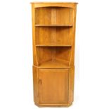 Ercol light elm 743C corner cupboard with open shelves above cupboard door, 180cm high x 75cm wide