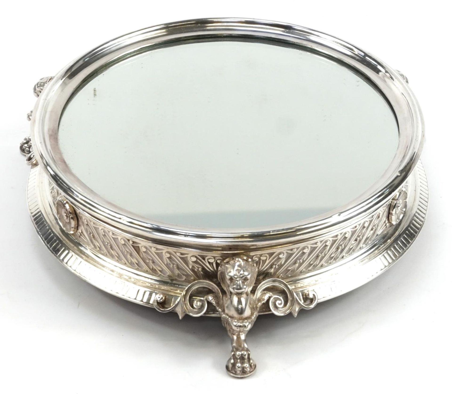 Elkington & Co, good Victorian silver plated mirrored cake stand with three lion design supports - Image 4 of 7