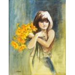 J Hodder - Young female holding flowers, 20th century watercolour, framed and glazed, 60cm x 44.