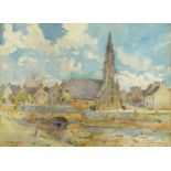 Village scene with bridge over stream and church, indistinctly signed, possibly L'Honitae?,