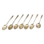 Set of six Victorian silver apostle teaspoons and matching caddy spoon, J D & S maker's mark,