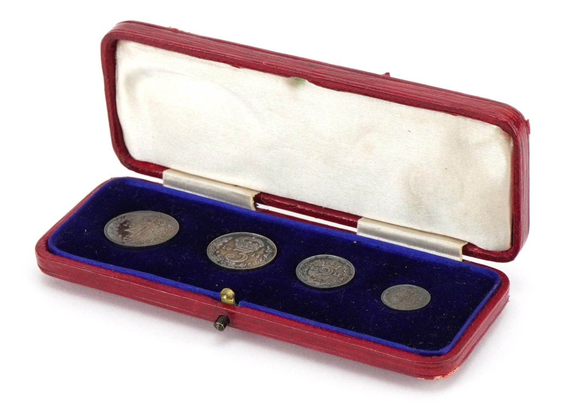 George V 1911 Maundy four coin set housed in a silk and velvet lined fitted tooled leather case