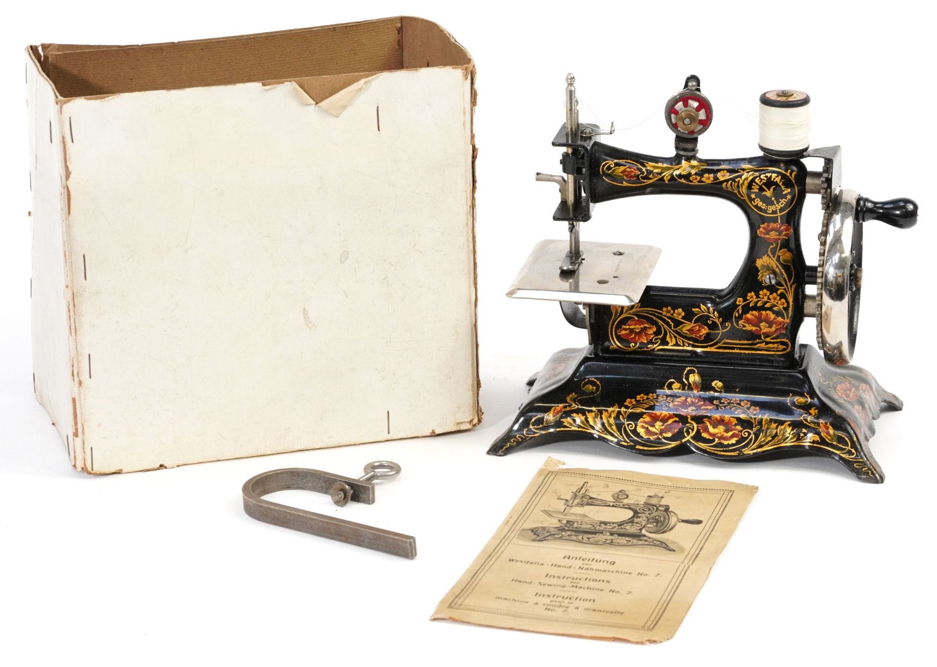 19th century German Westfalia hand operated child's sewing machine, no 7 with box and - Image 2 of 7