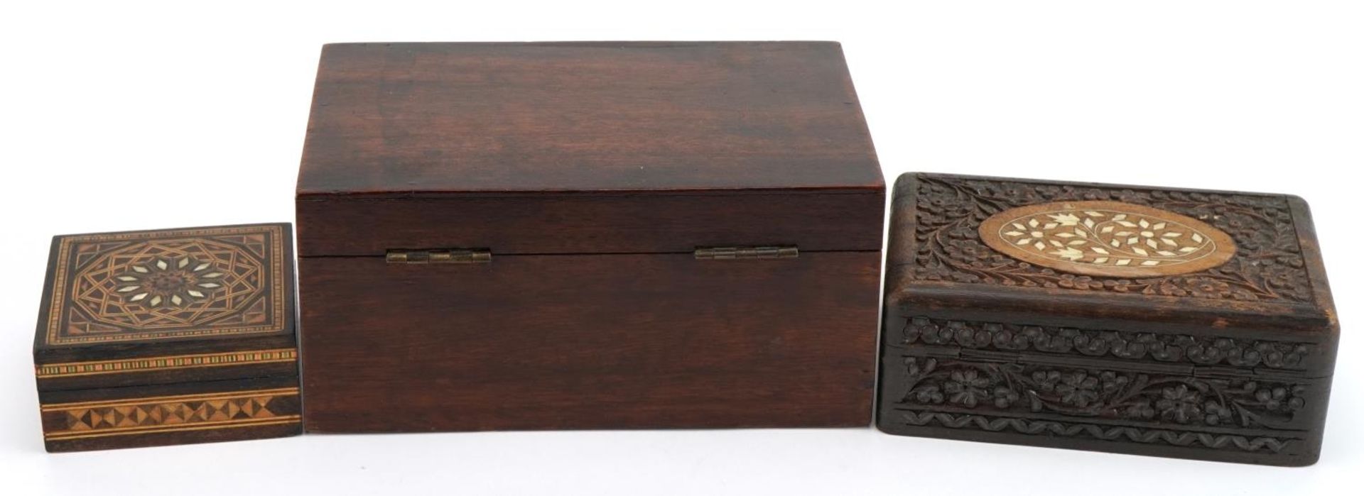 Woodenware including an Anglo Indian box carved with flowers and a Moorish style inlaid box, the - Bild 3 aus 4