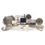 Silverplate including rectangular tray with twin handles, galleried trays, cutlery, some with