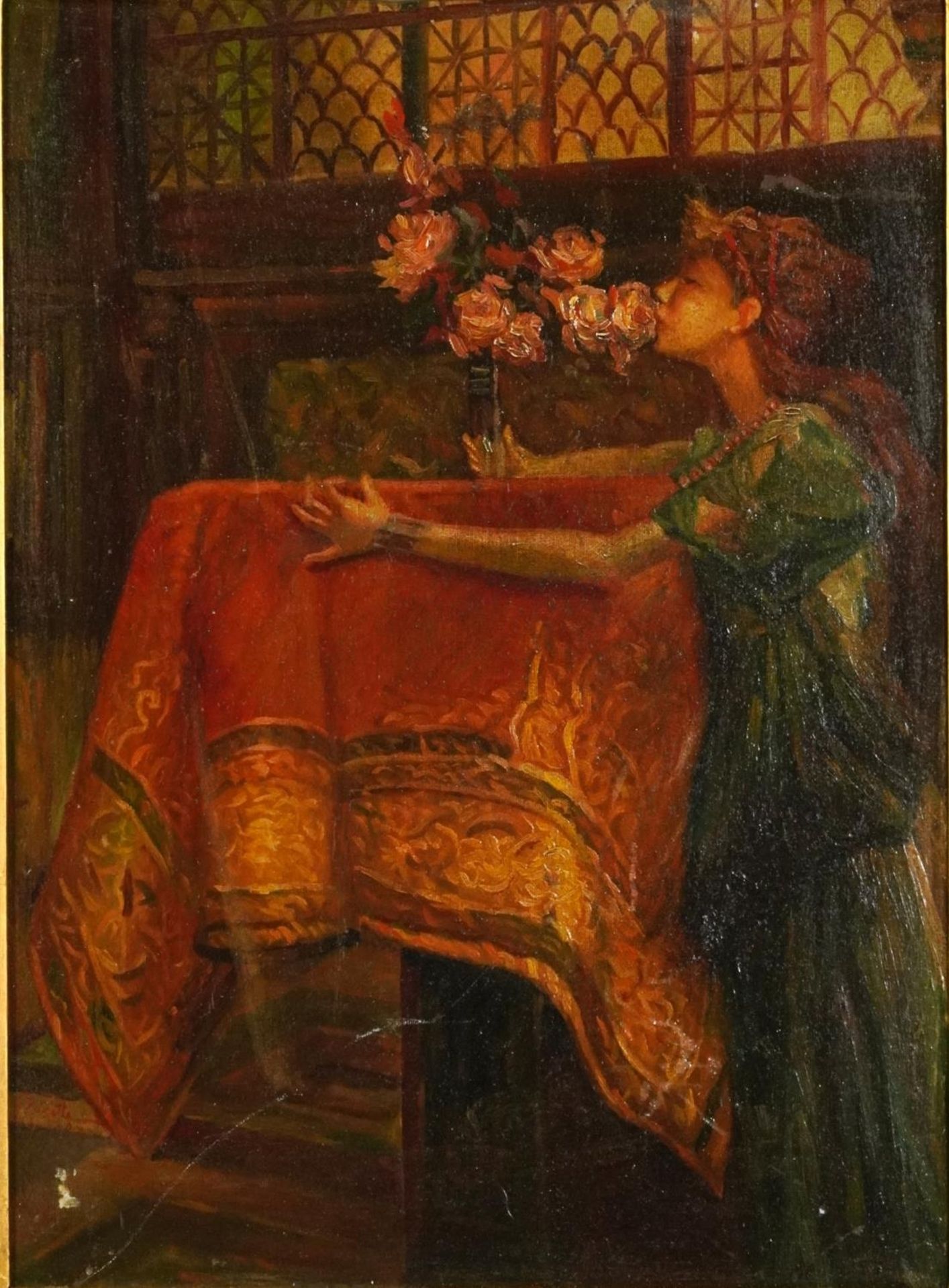 Interior scene with female and flowers, Orientalist school, oil on board, mounted and framed, 49.5cm