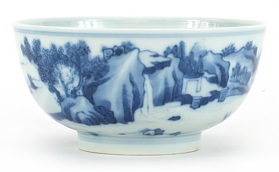 Chinese blue and white porcelain bowl hand painted with fishermen in a river landscape, six figure
