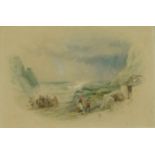 Attributed to Myles Birket Foster - Coastal landscape with fishermen, 19th century heightened