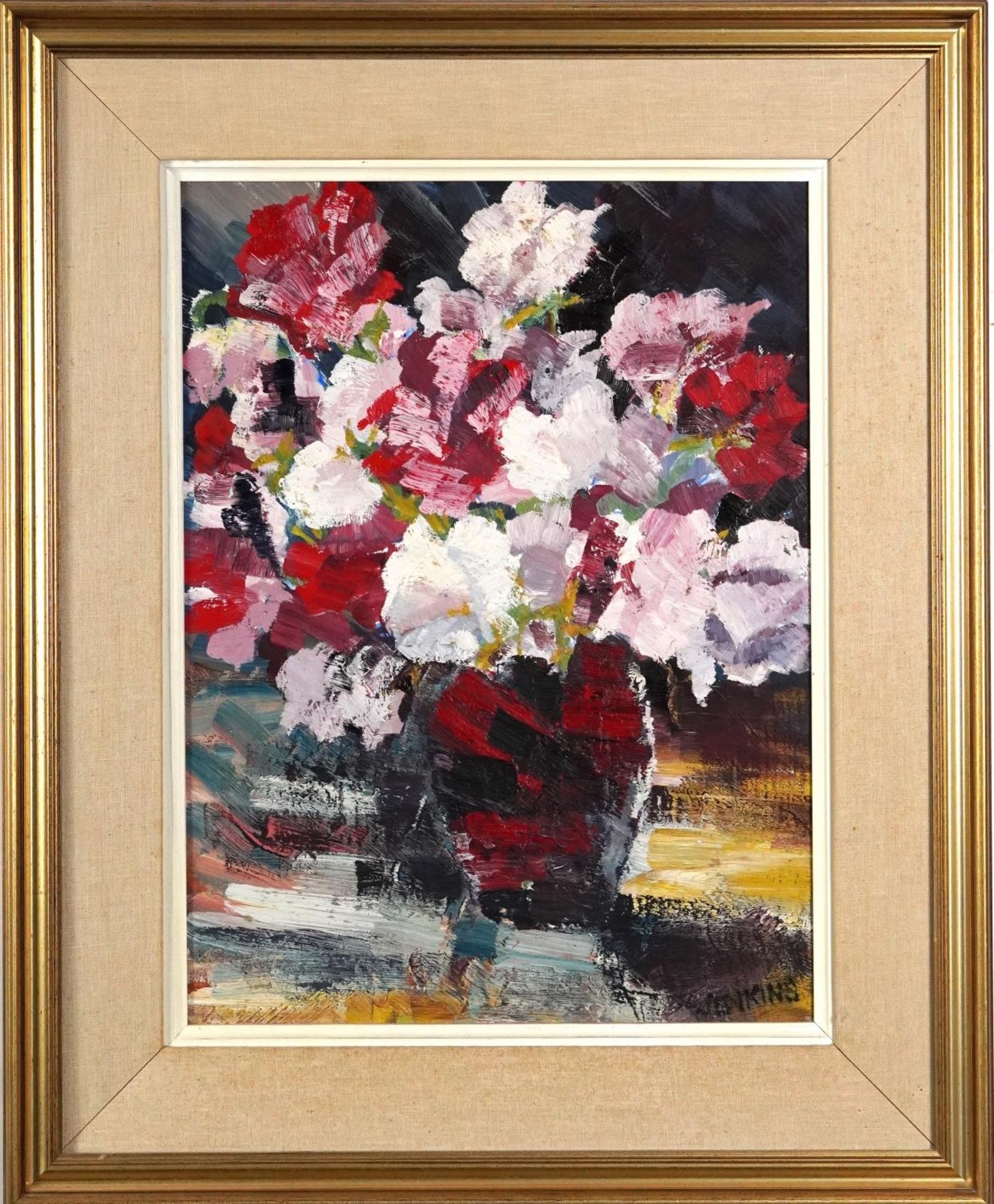 Jenkins - Still life flowers in a vase, Impressionist oil on canvas board, mounted and framed, - Image 2 of 4