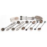 Silver and white metal jewellery and objects including a set of four Islamic spoons with coin bowls,