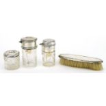 Two French silver mounted etched glass atomisers, silver mounted cut glass tissue jar and silver