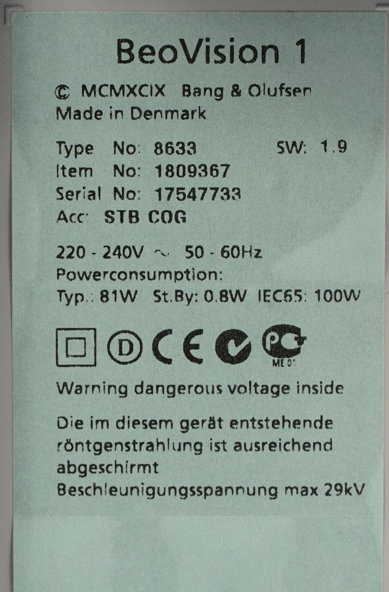 Bang & Olufsen Beovision 1 television on stand, serial number 17547733 For further information on - Bild 4 aus 4