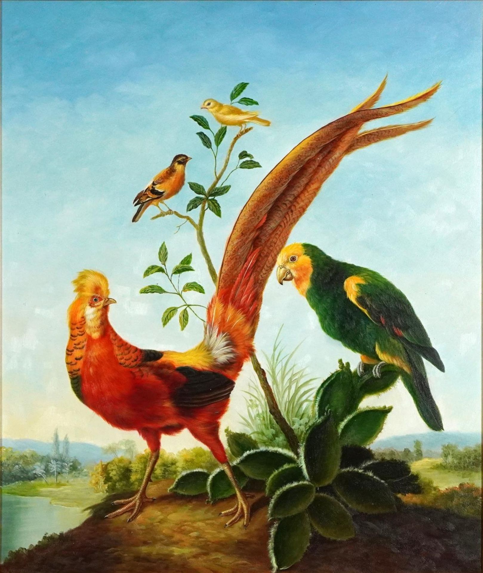 Birds of paradise before landscapes, pair of Old Master style oil on canvasses, each indistinctly - Image 6 of 9