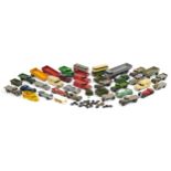 Vintage Dinky Toys diecast vehicles including racing cars, flat bed trucks and double decker buses