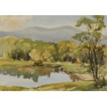 R Harley Smith - Mountainous landscape with lake before trees, watercolour, 37cm x 26.5cm,