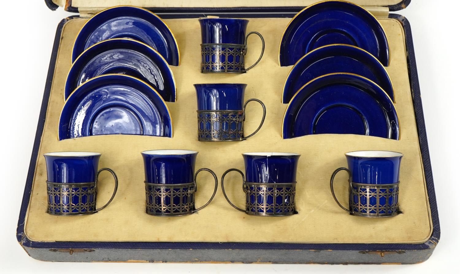Set of six Shelley blue ground coffee cans and saucers with silver cup holders housed in a fitted - Image 2 of 5