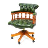 Yew framed captain's chair with green leather button upholstery, 87cm high For further information