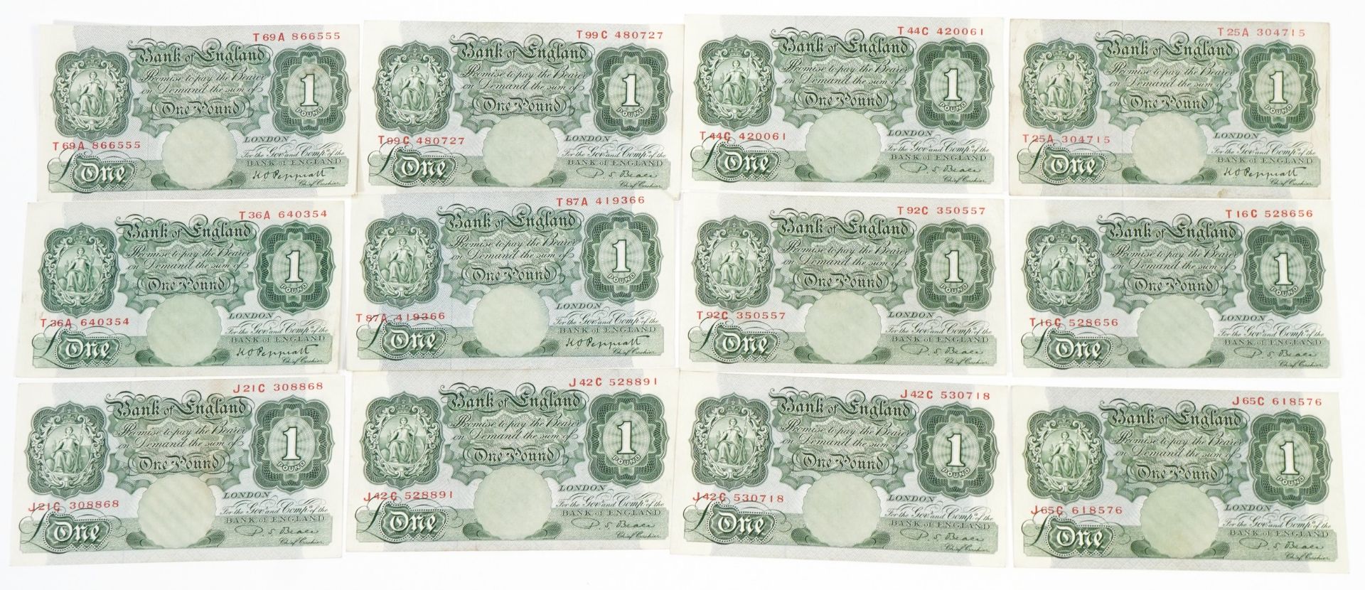 Twelve Bank of England one pound notes comprising P S Beale and K O Peppiatt Chief Cashiers, various - Image 2 of 3