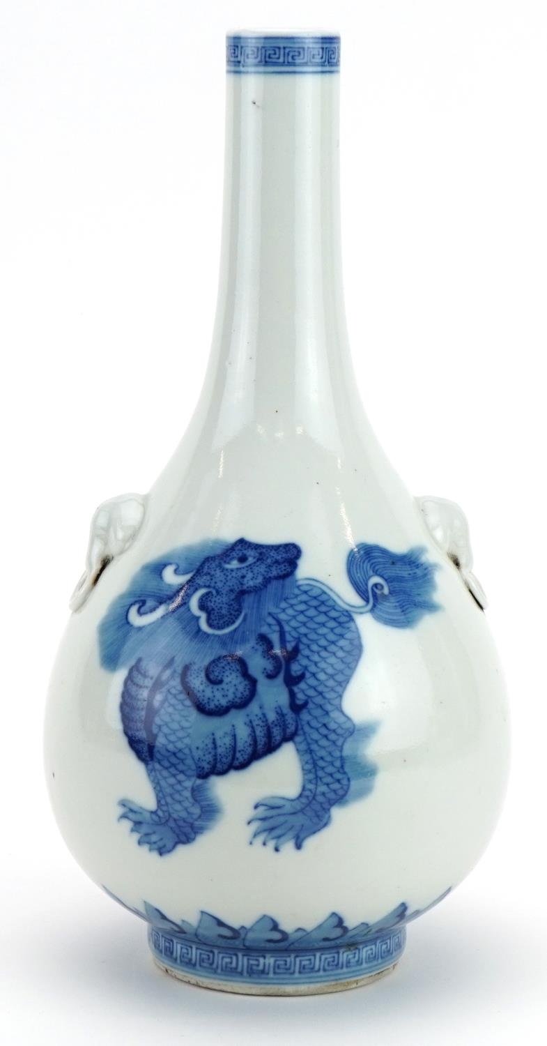 Chinese blue and white porcelain vase with animalia handles, hand painted with dogs of Foo, six