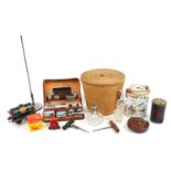 Sundry items including Hornby O gauge tinplate wagon, Chinese porcelain teapot housed in a wicker