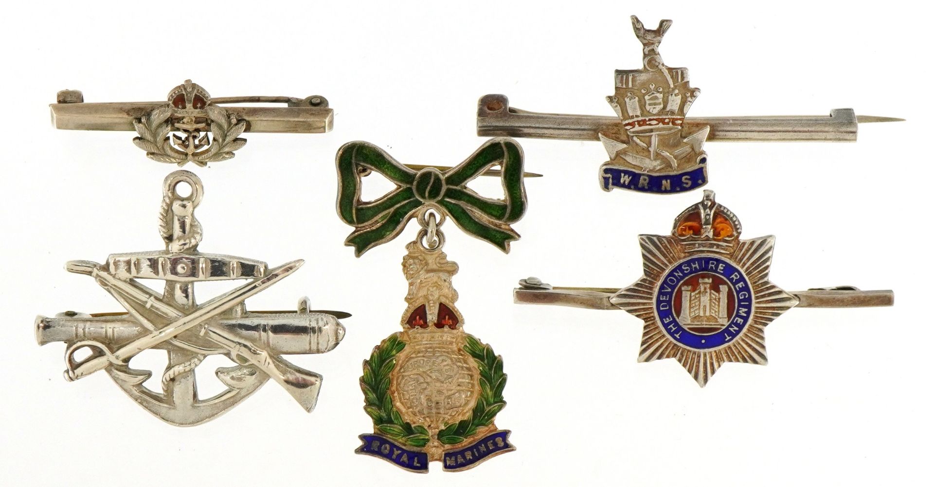 Five silver and white metal military interest sweetheart brooches, four with enamel, the largest 4.