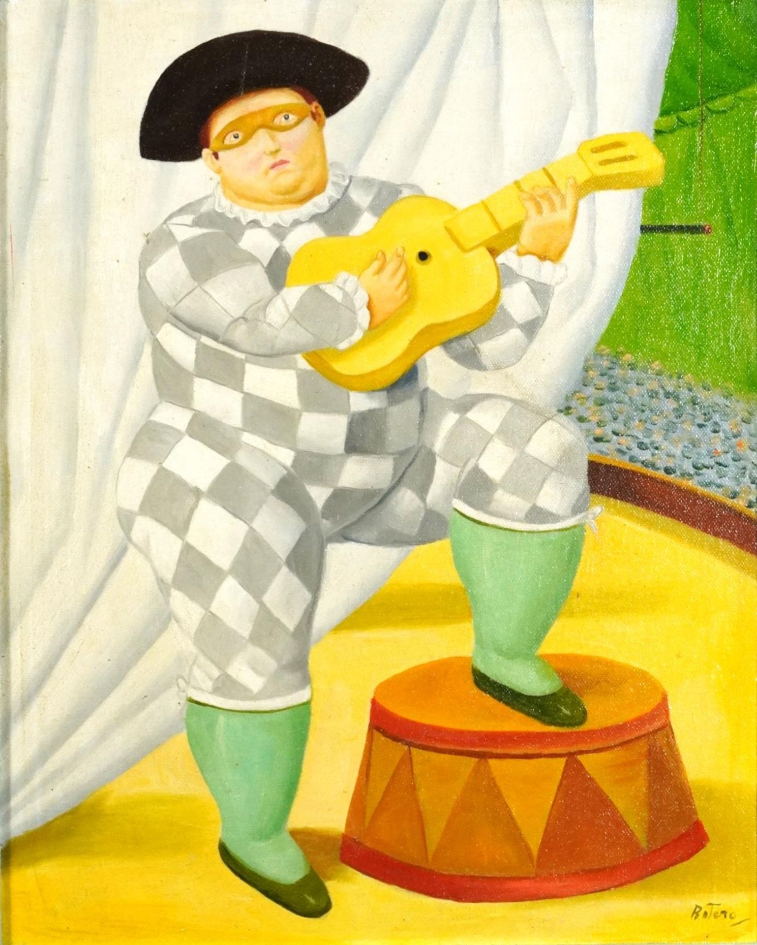 After Fernando Botero - Figure playing a guitar, Columbian school oil on board, mounted and