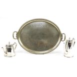 Elkington & Co silverplate comprising twin handled serving tray with armorial crest, water pot and