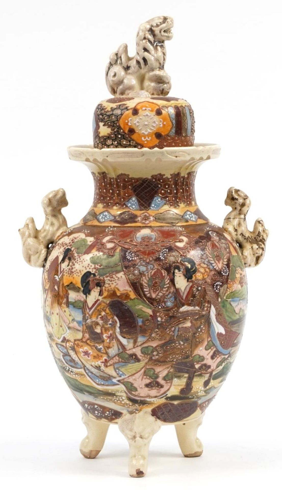 Large Japanese Satsuma pottery Koro and cover with twin handles hand painted with flowers, 49cm high - Image 2 of 3