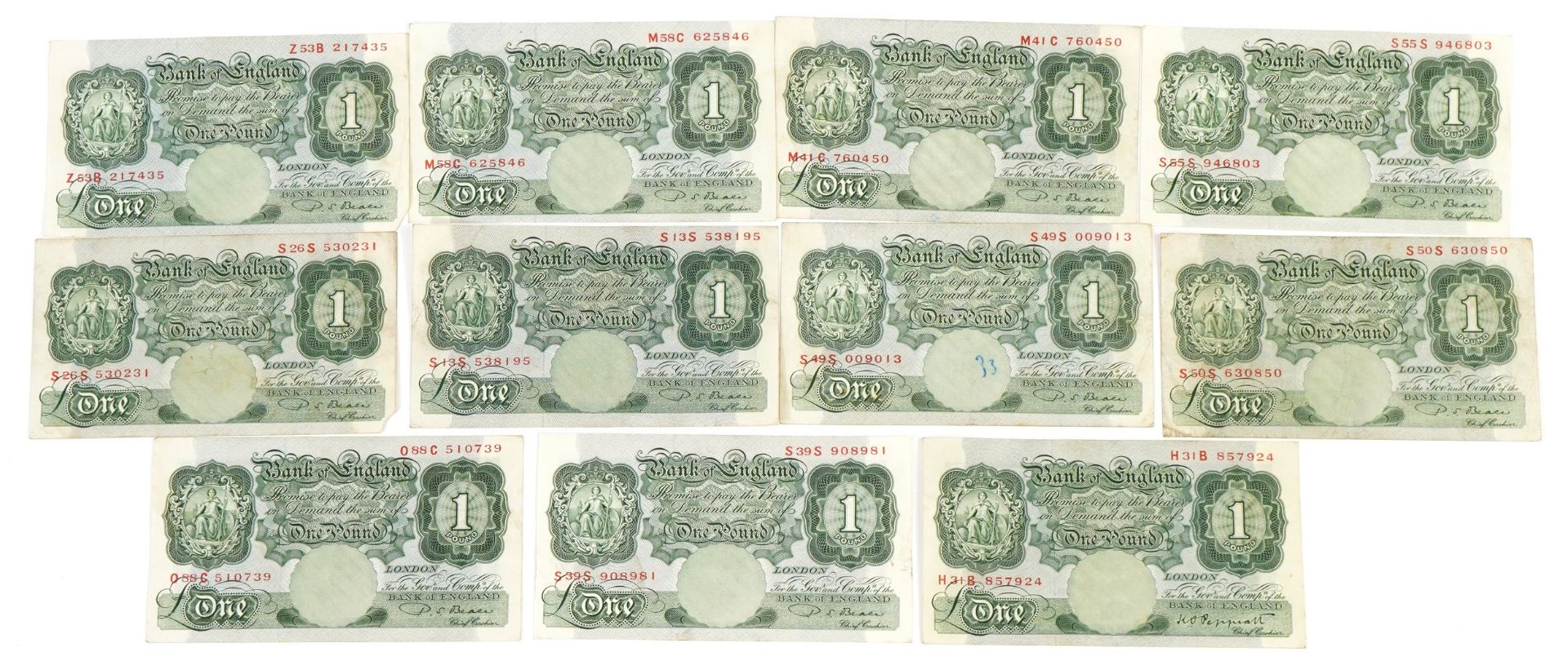 Eleven Bank of England one pound notes with Chief Cashiers P S Beale and K O Peppiatt, various - Image 2 of 3