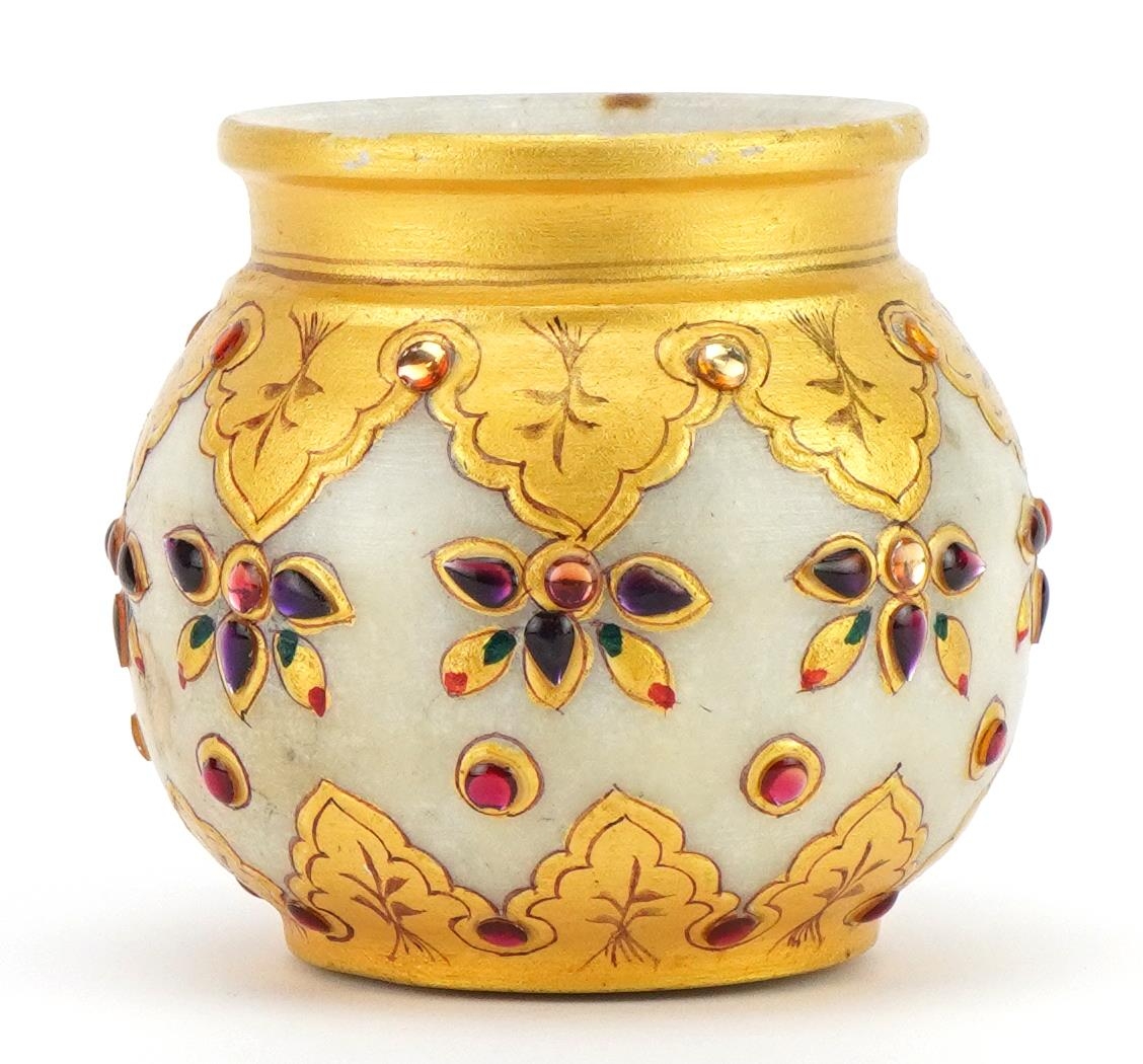 Egyptian style alabaster jewelled vase with gilded decoration, 8.5cm high For further information on - Image 2 of 3