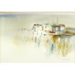 Colin David Kent - Harbour with moored boats and cottages, Impressionist watercolour, mounted,