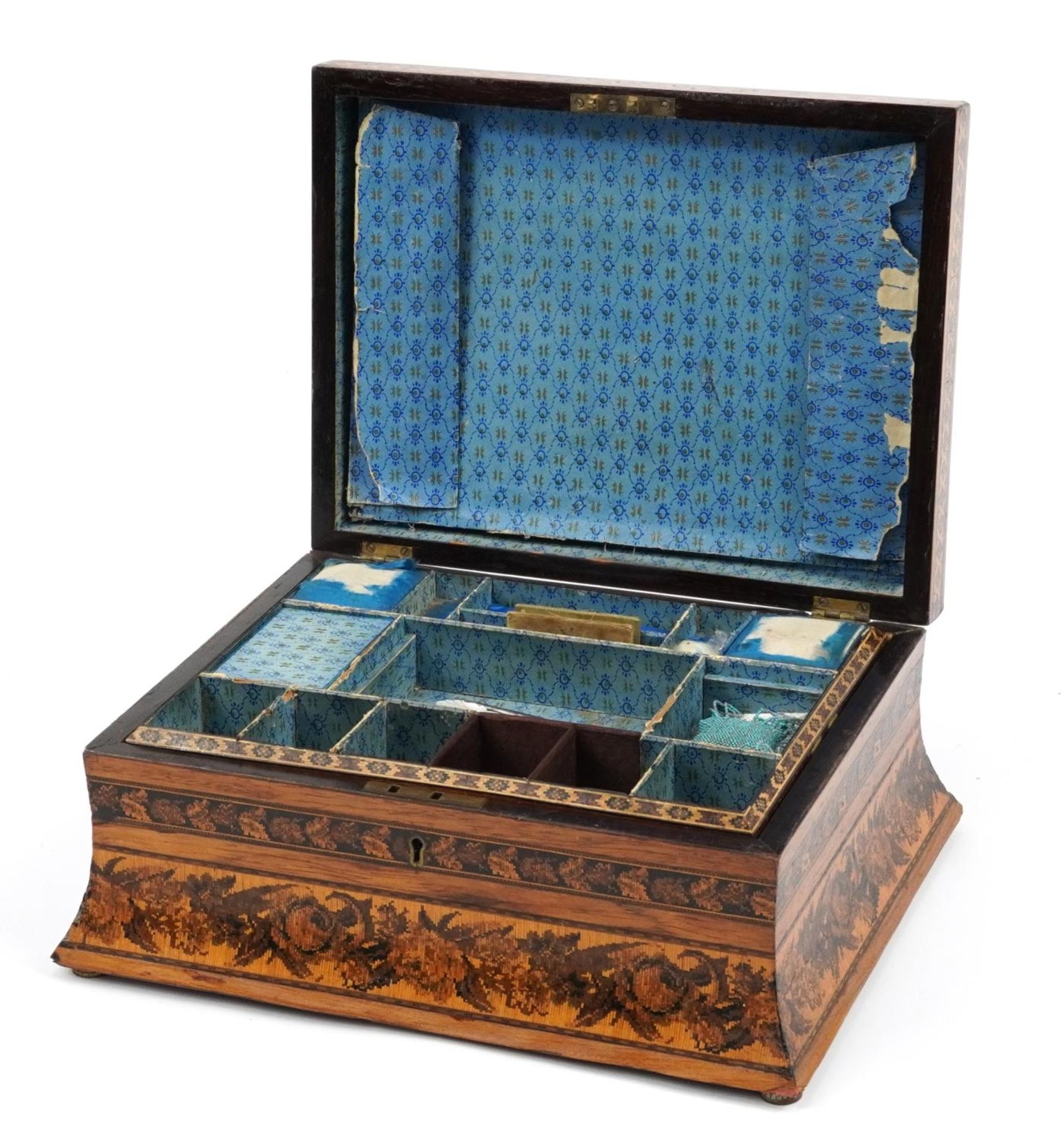Victorian Tunbridge Ware rosewood sewing workbox with fitted lift out interior and hinged lid - Image 4 of 6