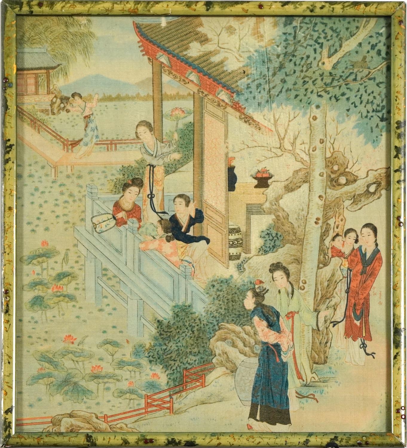 Females in a garden setting, Chinese watercolour on silk, The Wembley Galleries label verso, - Image 2 of 3