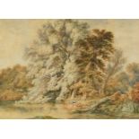Figure beside a river, 19th century English school watercolour, mounted and framed, 74cm x 54cm