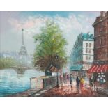 Burnett - Parisian street scene with figures before the Eiffel Tower, Impressionist impasto oil,