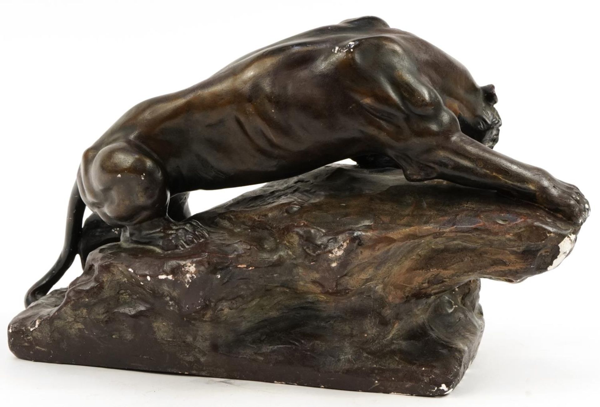 French Art Deco bronzed plaster sculpture of a lion on rock, signed Berce, 47cm in length For - Image 4 of 5