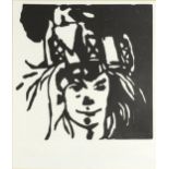 Philip Sutton - The Artist's Wife Wearing a Fijian headdress, pencil signed woodcut print