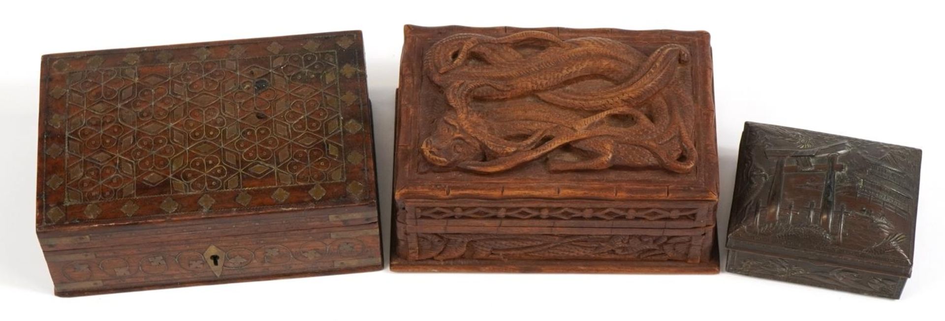 Three oriental and Indian boxes including a hardwood example deeply carved with a dragon and a - Image 2 of 4