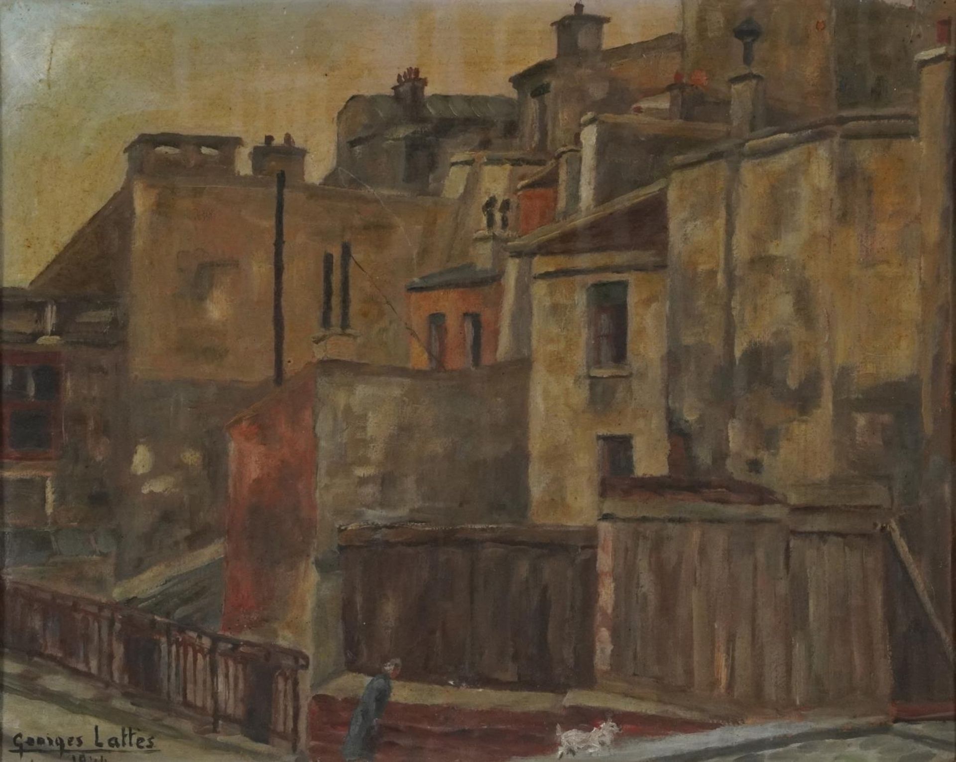 Georges Lattes 1944 - Street scene with figure and dog, French oil on board, label verso, mounted