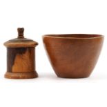 Scandinavian design treen bowl and a hardwood string box, the largest 25cm in diameter For further