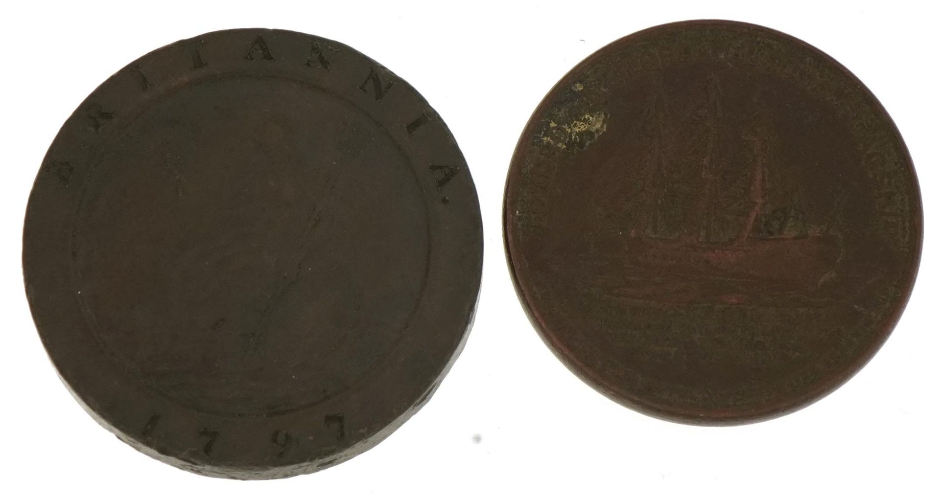 George III 1797 Cartwheel penny and a medal relating to Horatio Nelson commemorating HMS - Image 3 of 3