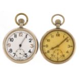 Two British military issue gentlemen's open face pocket watches, engraved G.S.P. 02233 and G.S.T.