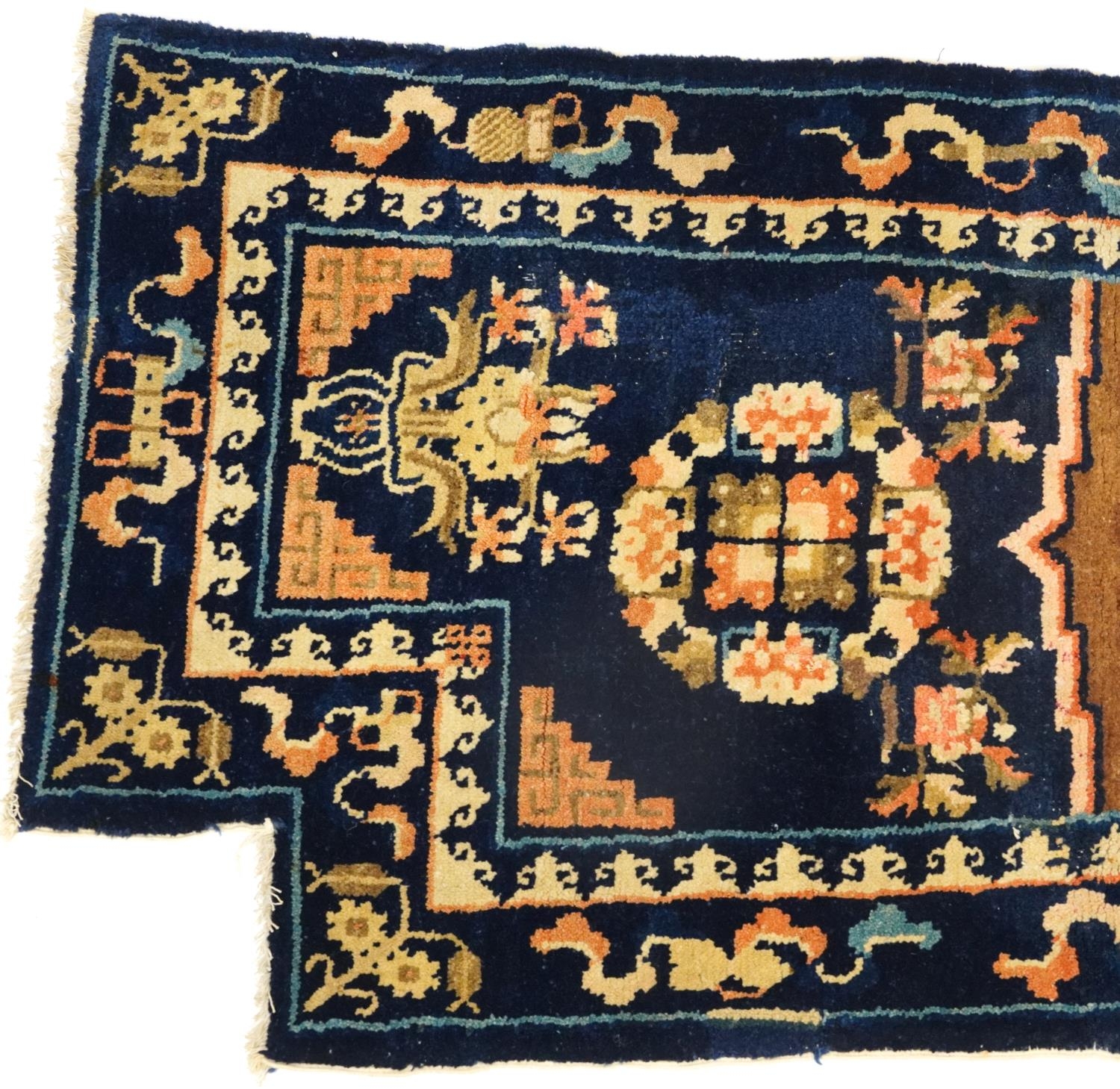 Chinese blue ground fireplace rug decorated with Daoist emblems and flowers, 120cm x 53cm For - Image 2 of 4